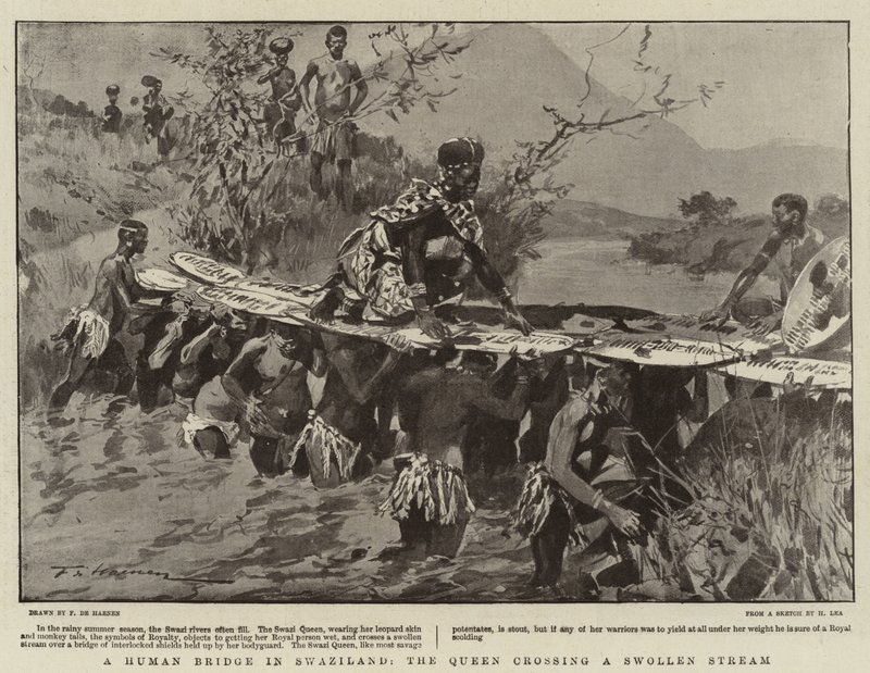 Eine menschliche Brücke in Swasiland, die Königin überquert einen angeschwollenen Bach von Frederic de Haenen
