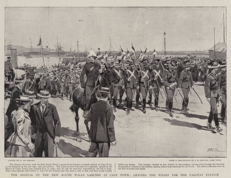 Die Ankunft der New South Wales Lancers in Kapstadt, Verlassen des Kais zum Bahnhof von Frederic de Haenen
