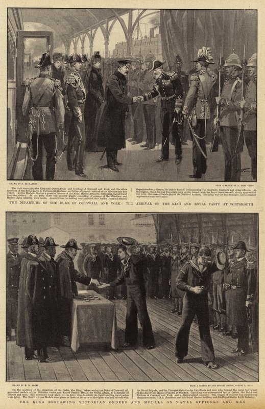 Die Abreise des Herzogs von Cornwall und York, die Ankunft des Königs und der königlichen Gesellschaft in Portsmouth, der König verleiht viktorianische Orden und Medaillen an Marineoffiziere und -männer von Frederic de Haenen