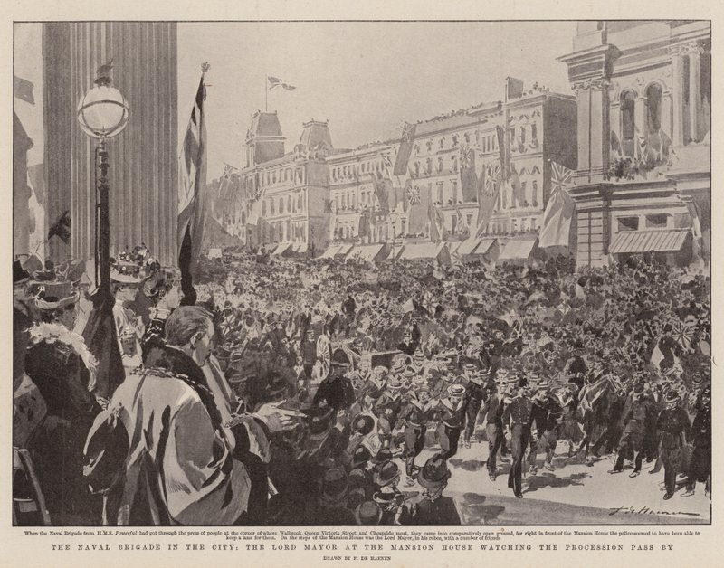 Die Marinebrigade in der Stadt, der Lord Mayor am Mansion House beobachtet die Prozession von Frederic de Haenen