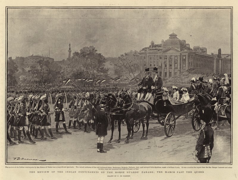 Die Überprüfung der indischen Kontingente auf der Horse Guards Parade, der Vorbeimarsch der Königin von Frederic de Haenen