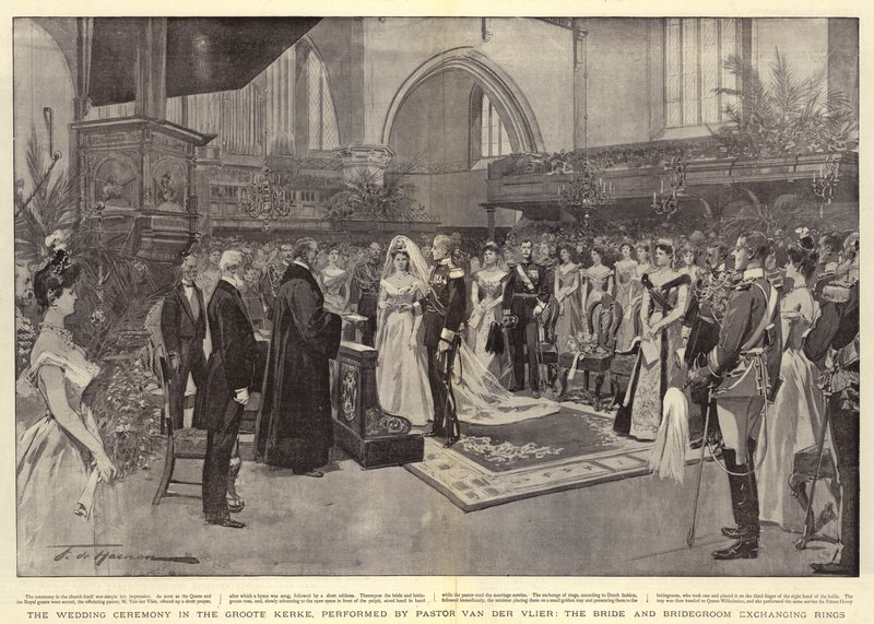Die Hochzeitszeremonie in der Groote Kerke, durchgeführt von Pastor Van der Vlier, die Braut und der Bräutigam tauschen Ringe von Frederic de Haenen