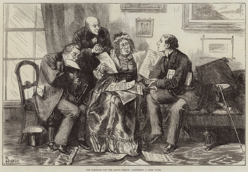 Die Wahlen für die Schulbehörden, eine Dame wählend von Frederick Barnard