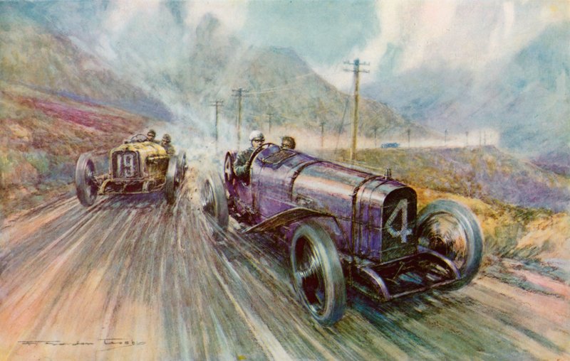 K Lee Guinness mit dem Sunbeam im zweitägigen 600-Meilen-Tourist-Trophy-Rennen auf der Isle of Man, das er mit 56,44 mph gewann (Farblithografie) von Frederick Gordon (after) Crosby