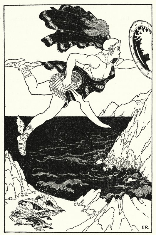 Perseus flog vorsichtig nach unten und hielt dabei seine Augen auf Medusas Gesicht, wie es sich in seinem Schild spiegelte von Frederick Richardson