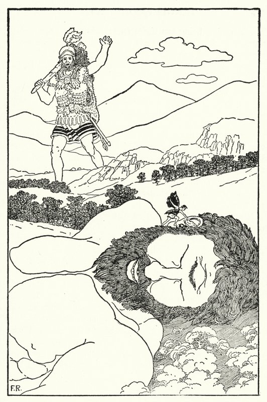 Der Pygmäe rief Antaeus ins Ohr, dass ein weiterer Riese kommt von Frederick Richardson
