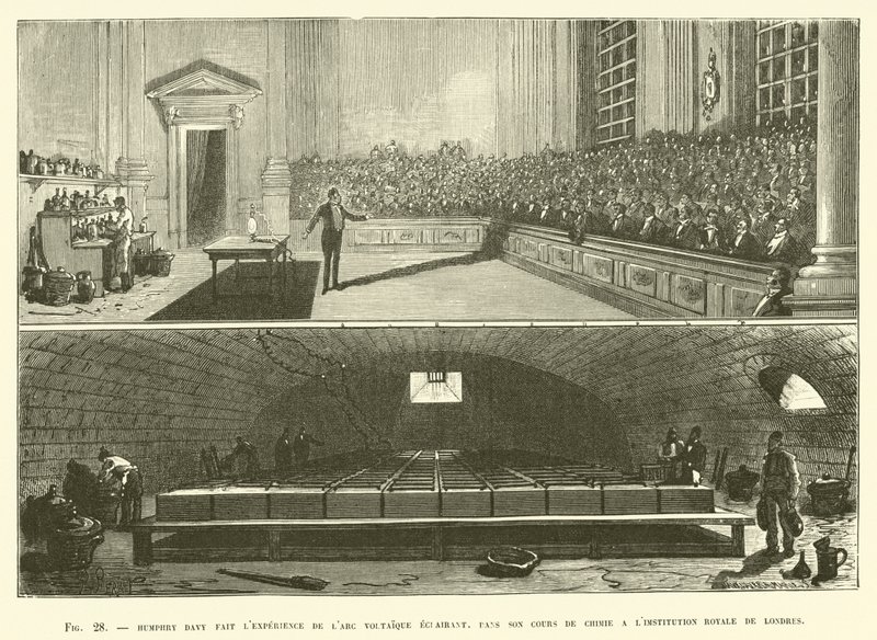 Humphry Davy führt das Experiment des Voltaischen Bogens durch, in seinem Chemiekurs von French School