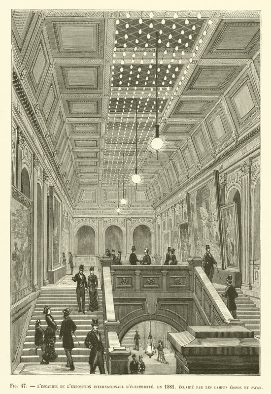 Die Treppe der Internationalen Elektrizitätsausstellung, 1881, beleuchtet von Edison- und Swan-Lampen von French School