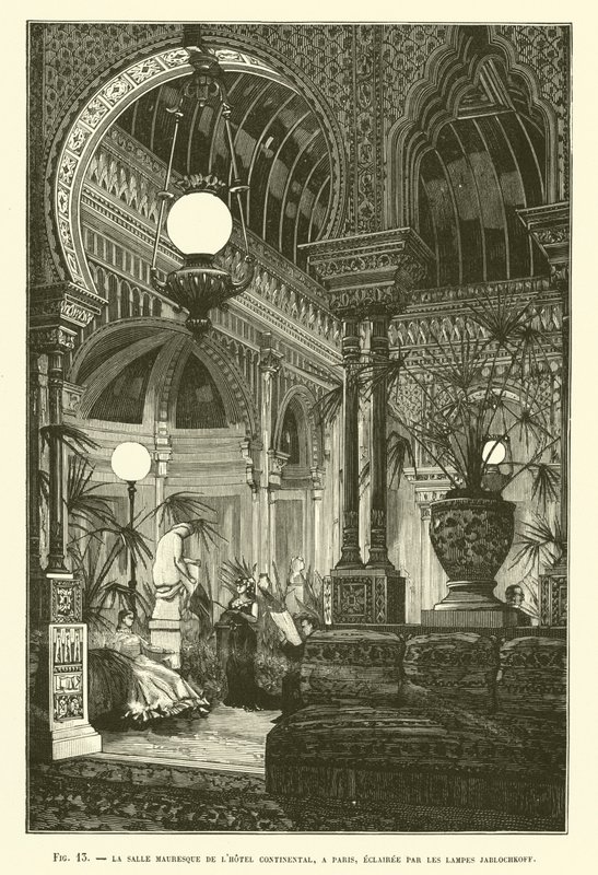 Der maurische Saal des Hotel Continental in Paris, beleuchtet durch Jablochkoff-Lampen von French School