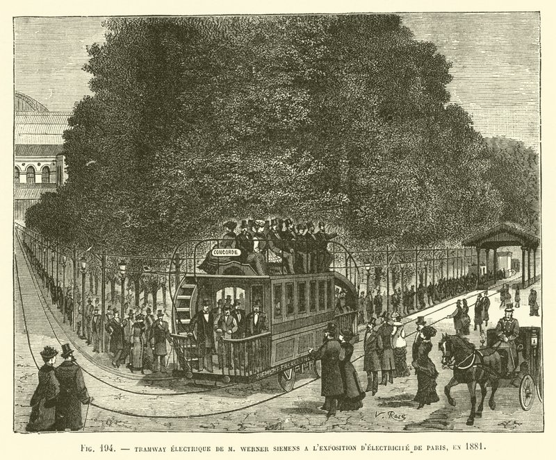 Elektrische Straßenbahn von M. Werner Siemens auf der Elektrizitätsausstellung in Paris, 1881 von French School