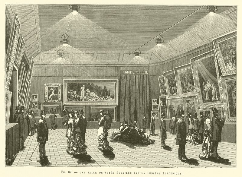 Ein Museumsraum beleuchtet durch elektrisches Licht von French School