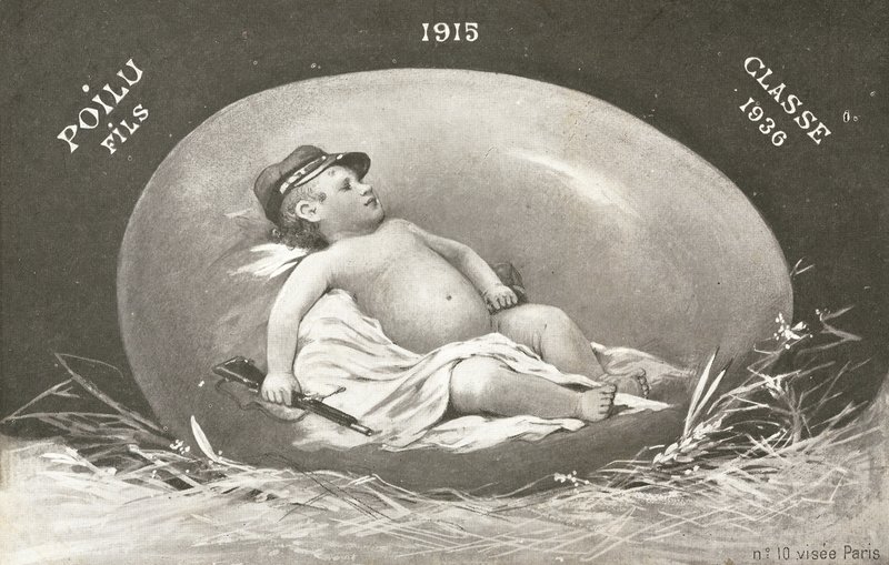 1915, Osterkarte zeigt bereits bewaffneten Babysoldaten im Ei von French Photographer