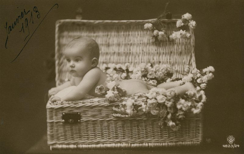 Postkarte eines Babys in einem Weidenkorb mit Blumen, gesendet im Januar 1913 von French Photographer