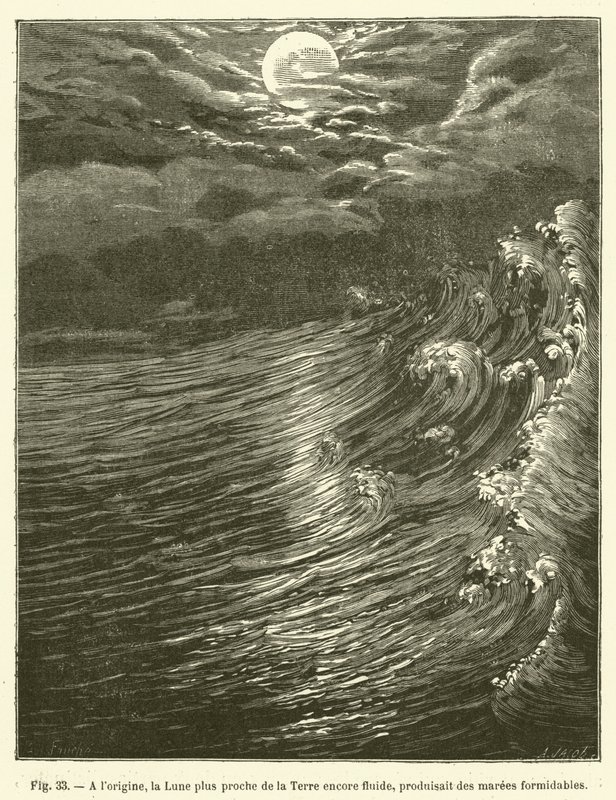Ursprünglich, der Mond näher an der Erde, noch flüssig, erzeugte gewaltige Gezeiten von French School