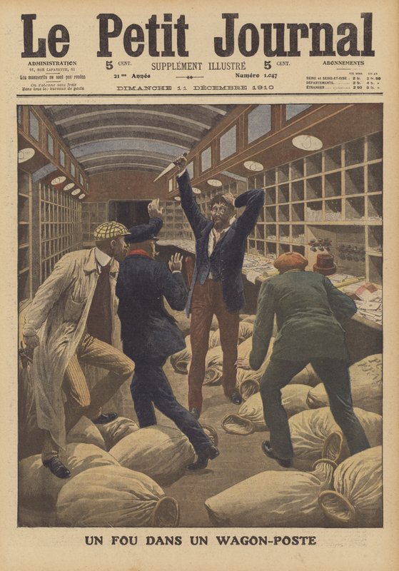 Ein Verrückter in einem Postwagen eines Zuges, der in Paris ankommt von French School