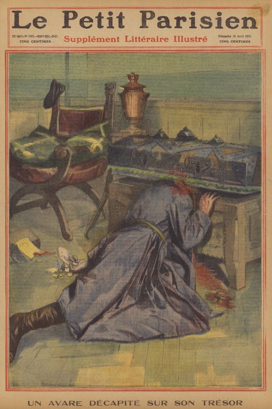Ein Geizhals wird von seinem Schatz enthauptet (Farblithografie) von French School