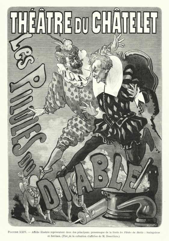 Illustrierte Plakatdarstellung von zwei Hauptfiguren der Feerie Les Pilules du Diable, Seringuinos und Sottinez (Stich) von French School