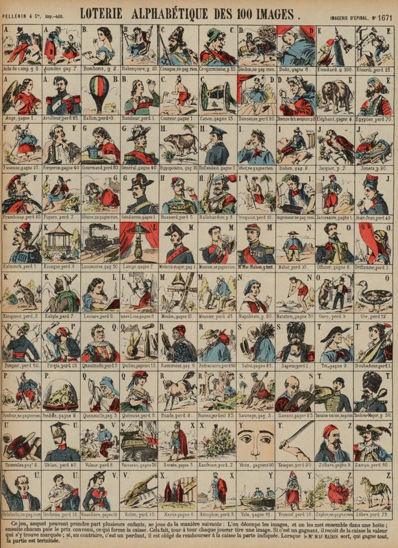 Alphabetische Lotterie von hundert Bildern von French School