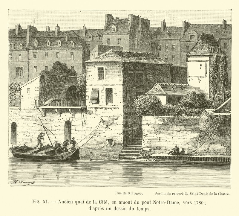 Alter Kai der Insel, flussaufwärts der Pont Notre-Dame, um 1780, nach einer zeitgenössischen Zeichnung von French School