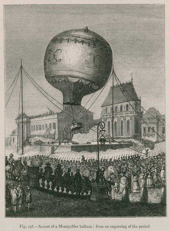 Aufstieg eines Montgolfière-Ballons (nach einer zeitgenössischen Gravur) von French School