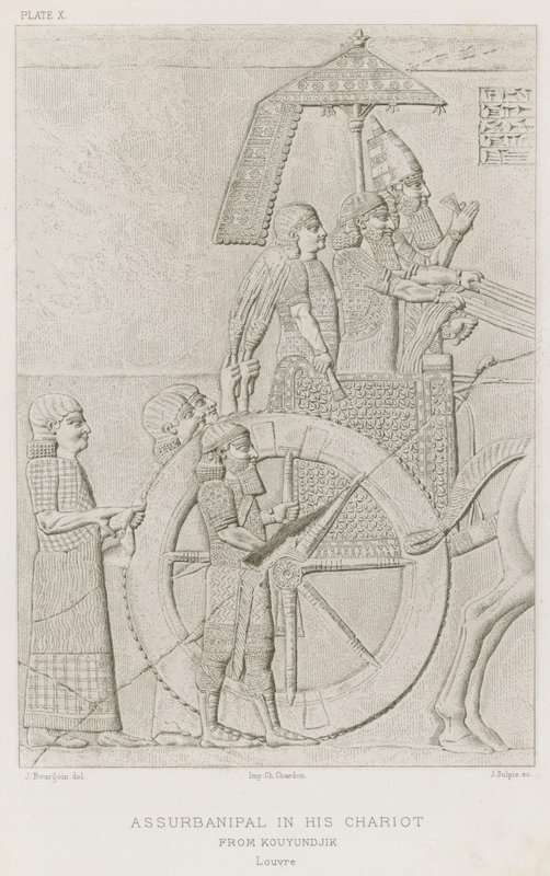 Assurbanipal in seinem Streitwagen, aus Kouyundjik, Louvre von French School