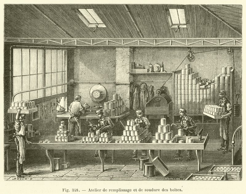 Werkstatt zum Befüllen und Löten von Dosen (Stich) von French School