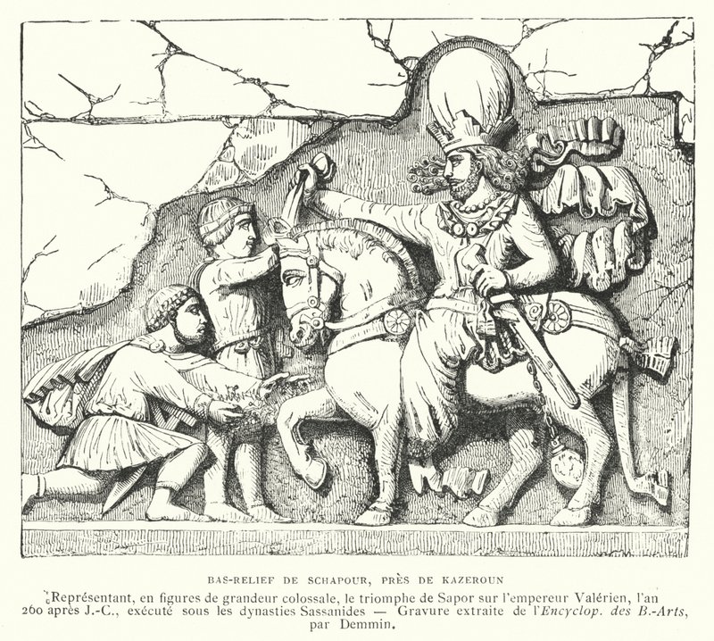 Basrelief bei Kazerun, Iran, das den Sieg des sasanischen Königs Shapur I. über den römischen Kaiser Valerian in der Schlacht von Edessa, 260, darstellt (Stich) von French School