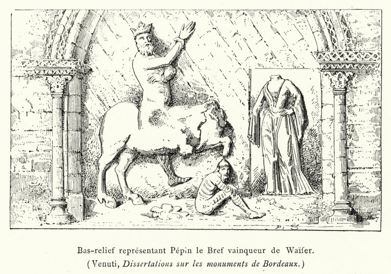 Basrelief darstellend Pippin den Kurzen, Sieger über Waifer (Stich) von French School