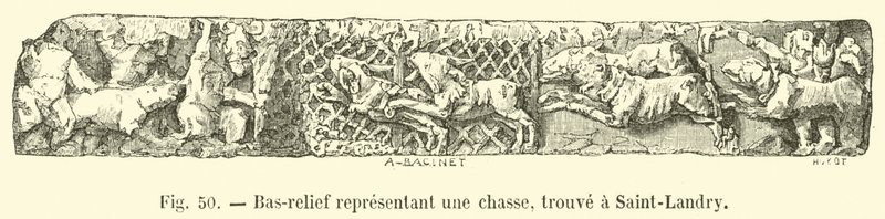 Relief, das eine Jagd darstellt, gefunden in Saint-Landry von French School