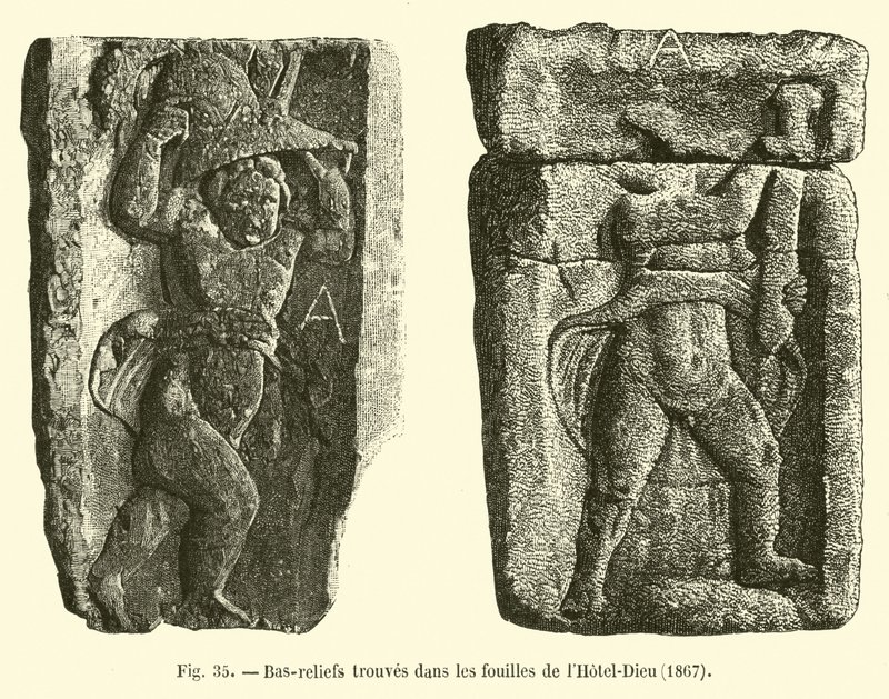 Reliefs gefunden bei den Ausgrabungen im Hôtel-Dieu, 1867 von French School