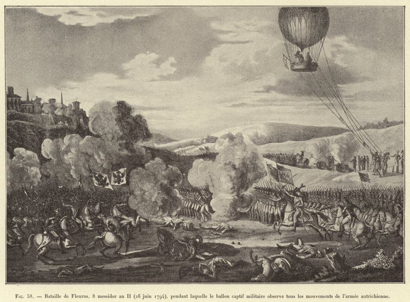Schlacht von Fleurus, 8. Messidor Jahr II (26. Juni 1794), während der der gefesselte Militärballon alle Bewegungen der österreichischen Armee beobachtet (Gravur) von French School
