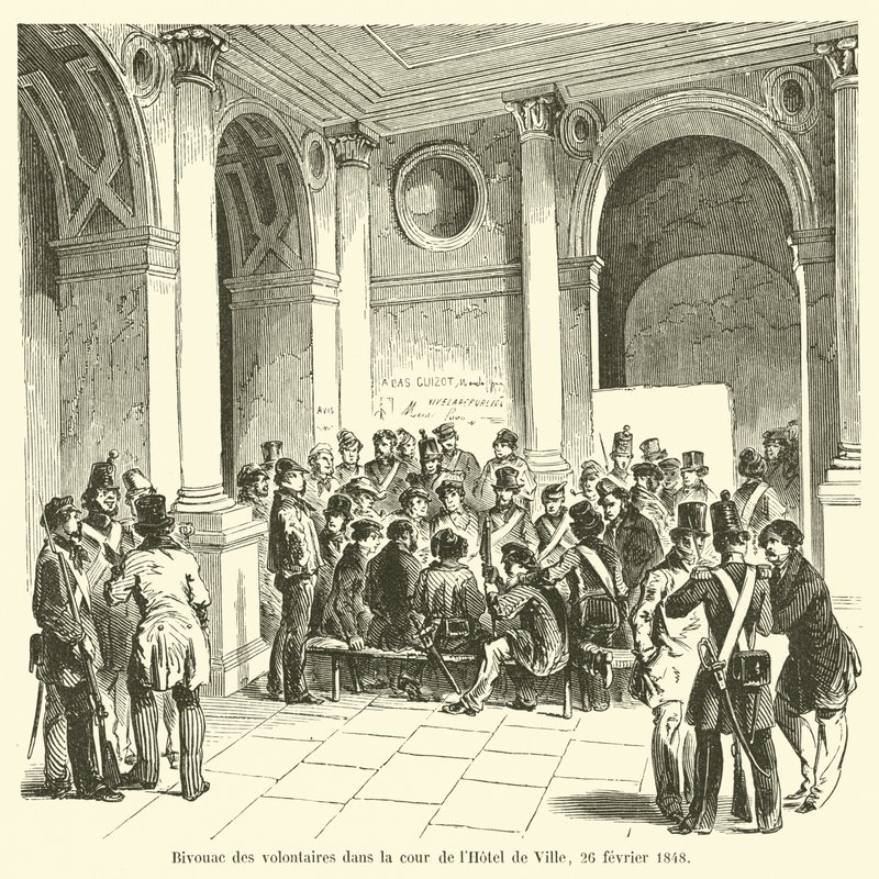 Biwak der Freiwilligen im Hof des Hôtel de Ville, 26. Februar 1848 von French School