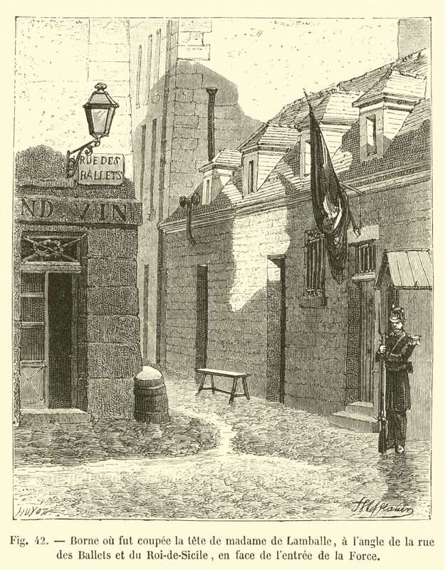 Ort, an dem Madame de Lamballe enthauptet wurde, an der Ecke der Rue des Ballets und des Roi-de-Sicile, gegenüber dem Eingang zur Force von French School