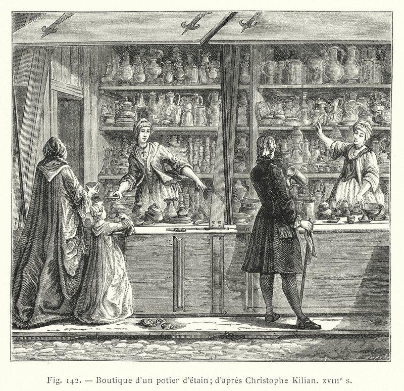 Laden eines Zinngießers; nach Christophe Kilian, XVIII. Jahrhundert (Stich) von French School