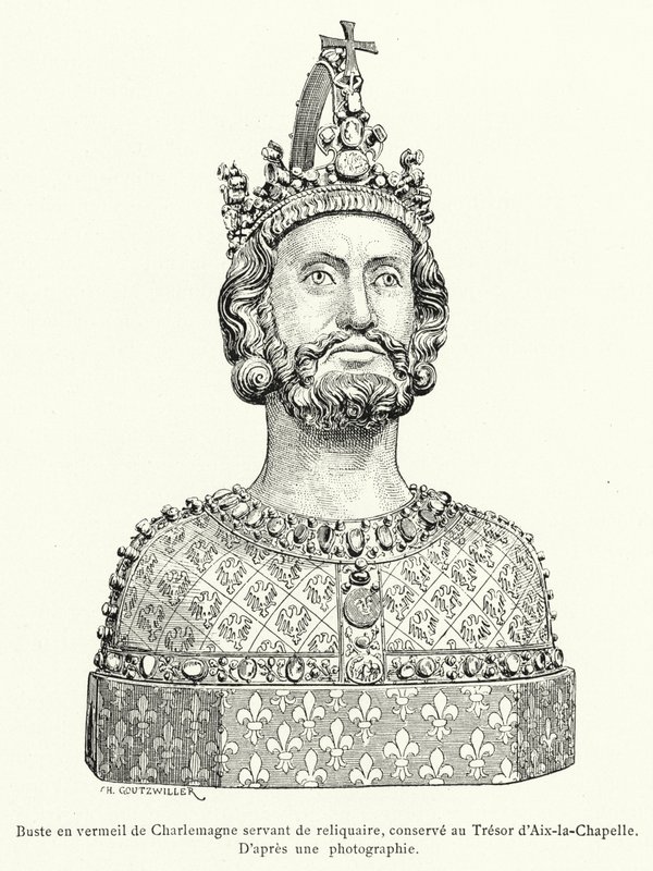 Vergoldete Büste von Karl dem Großen als Reliquiar, aufbewahrt im Schatz von Aachen (Gravur) von French School