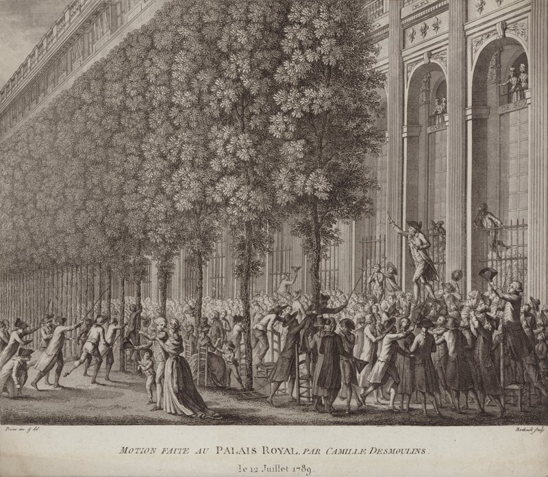 Camille Desmoulins ruft die Menschen im Palais Royal, Paris, zu den Waffen von French School