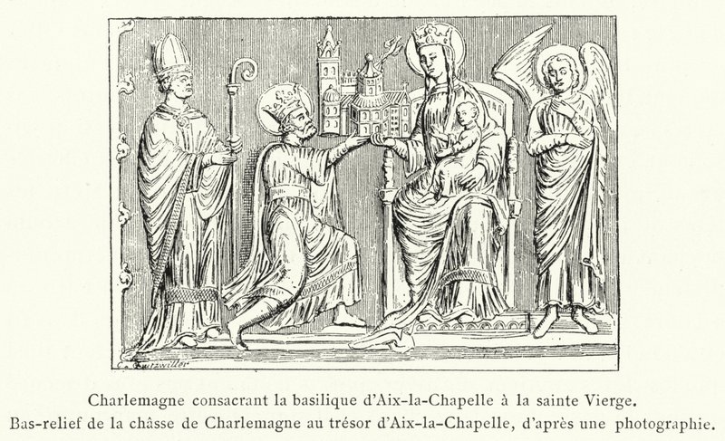 Karl der Große weiht die Basilika von Aachen der heiligen Jungfrau, Basrelief der Jagd Karls des Großen im Schatz von Aachen (Stich) von French School