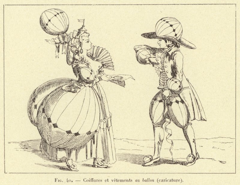 Frisuren und Kleidung im Ballon (Karikatur) (Gravur) von French School