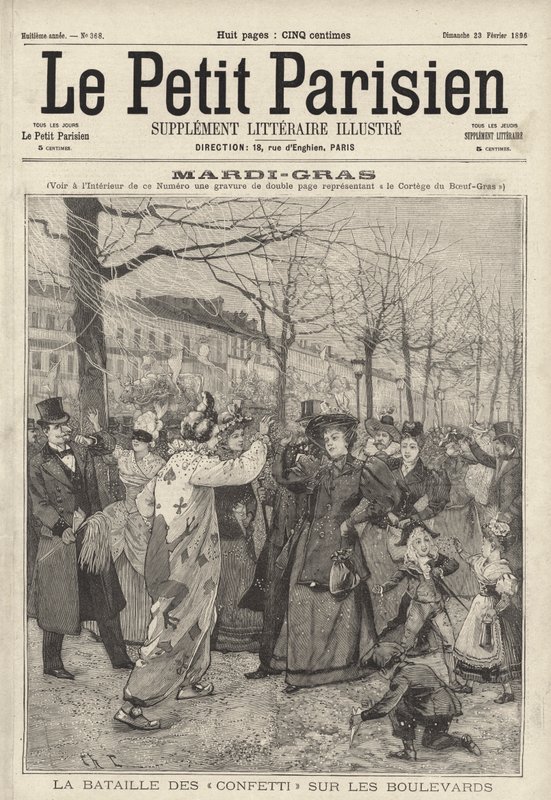 Konfettischlacht auf den Boulevards von Paris am Mardi Gras von French School