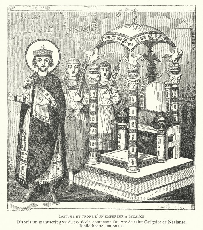 Kostüm und Thron eines byzantinischen Kaisers, 9. Jahrhundert von French School