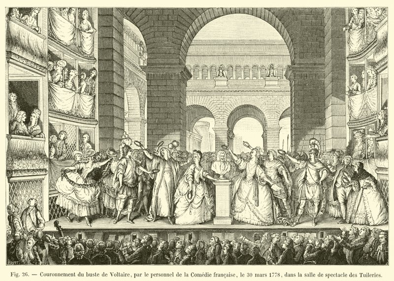 Krönung der Büste von Voltaire durch das Personal der Comédie-Française, am 30. März 1778, im Theatersaal der Tuilerien von French School