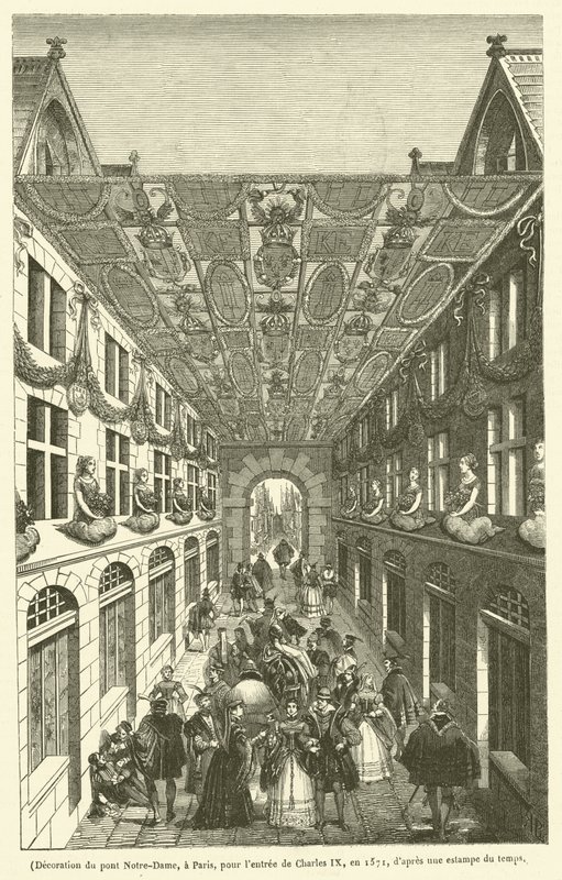 Dekoration der Pont Notre-Dame in Paris für den Einzug von Karl IX. im Jahr 1571 von French School