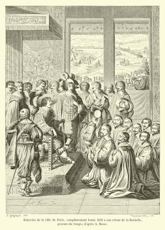 Schöffen der Stadt Paris, die Ludwig XIII bei seiner Rückkehr aus La Rochelle begrüßen, zeitgenössischer Stich; nach A. Bosse von French School