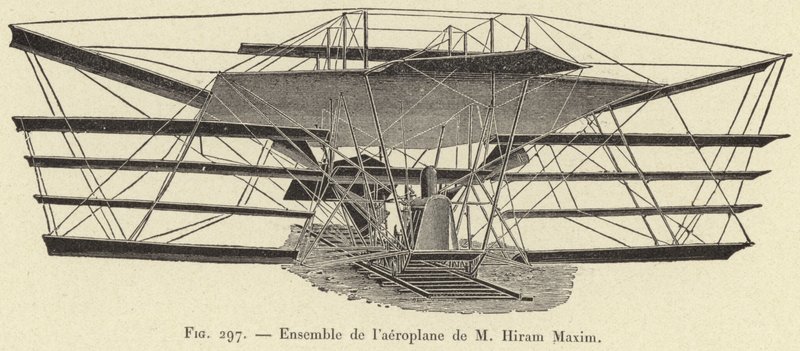 Gesamtheit des Flugzeugs von Hiram Maxim von French School