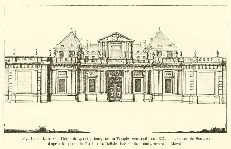 Eingang zum Hotel des Großpriors, Rue du Temple, erbaut 1667 von Jacques de Souvre (nach den Plänen des Architekten Delisle, Faksimile einer Gravur von Marot) von French School