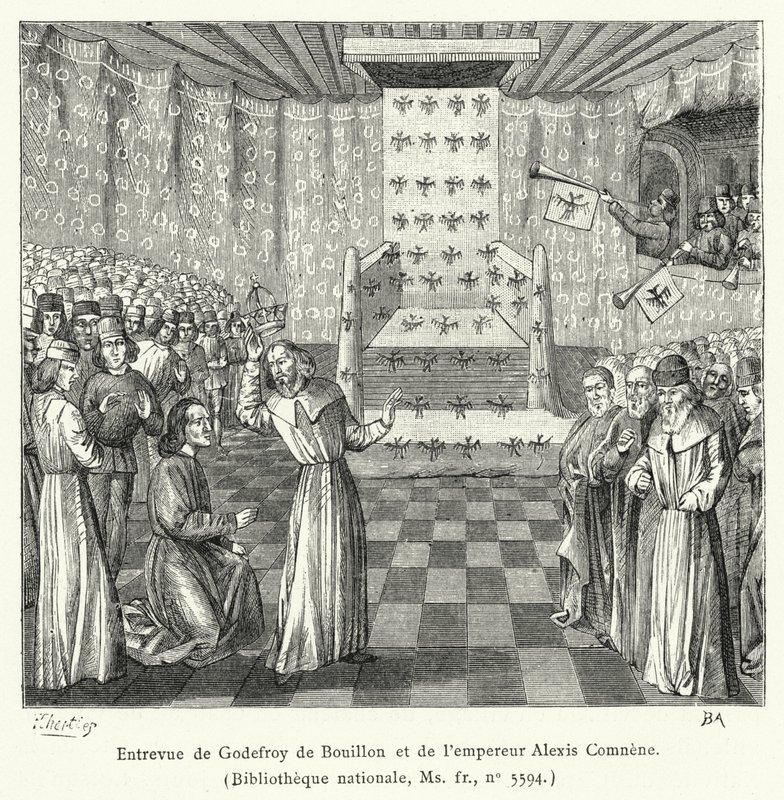 Treffen von Godefroy de Bouillon und Kaiser Alexios Komnenos (Gravur) von French School