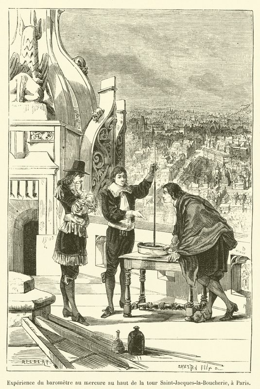 Barometerexperiment mit Quecksilber auf dem Turm Saint-Jacques-la-Boucherie in Paris von French School