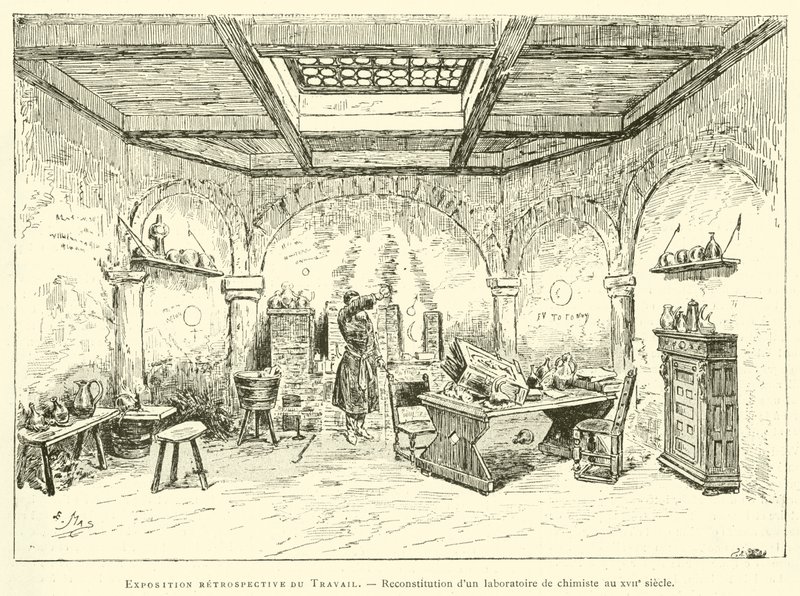 Retrospektive Ausstellung der Arbeit, Rekonstruktion eines Chemielabors aus dem 17. Jahrhundert von French School