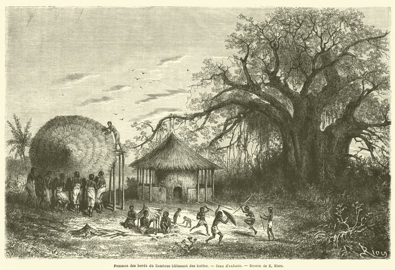Frauen am Ufer des Sambesi bauen Hütten, Kinderspiele von French School