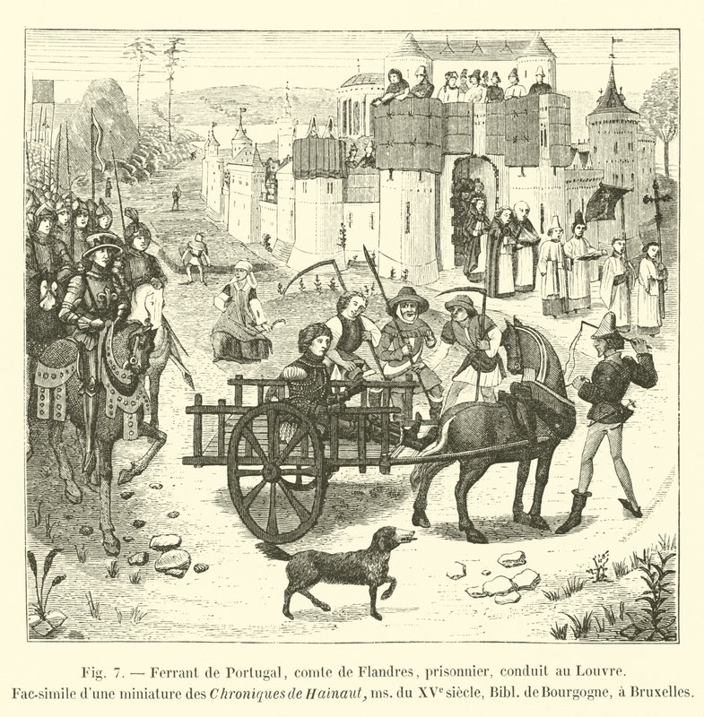 Ferrant von Portugal, Graf von Flandern, Gefangener, zum Louvre gebracht, Faksimile einer Miniatur aus den Chroniken von Hainaut, Manuskript des 15. Jahrhunderts, Bibliothek von Burgund, in Brüssel von French School